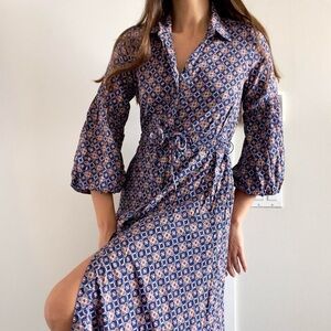 MISA Los Angeles | Blue boho pattern belted long sleeve collared maxi dress | XS
